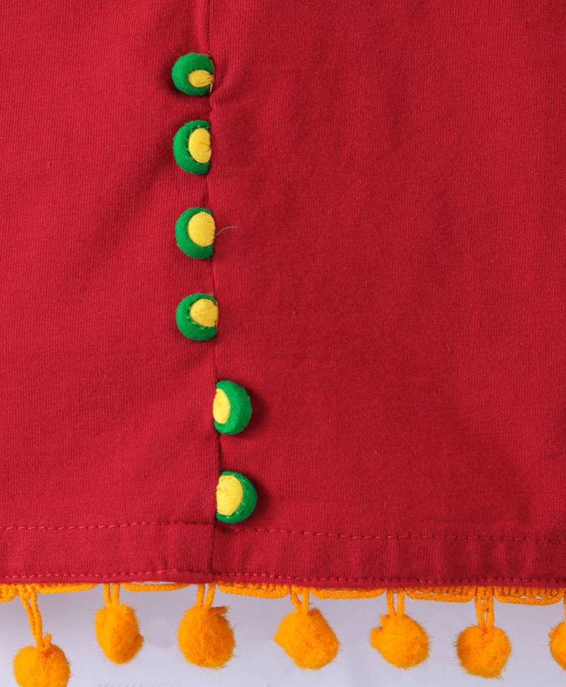 Twisha Girls Solid Knit Top Embellished With Pompom & Potali Buttons With Printed Dhoti - Red & Green