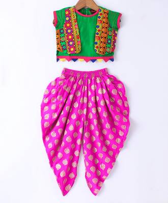 Twisha Girls Short Sleeves Top With Embroidered Mock Jacket With Motif Foil Printed Dhoti - Green & Pink 1