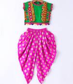 Twisha Girls Short Sleeves Top With Embroidered Mock Jacket With Motif Foil Printed Dhoti - Green & Pink