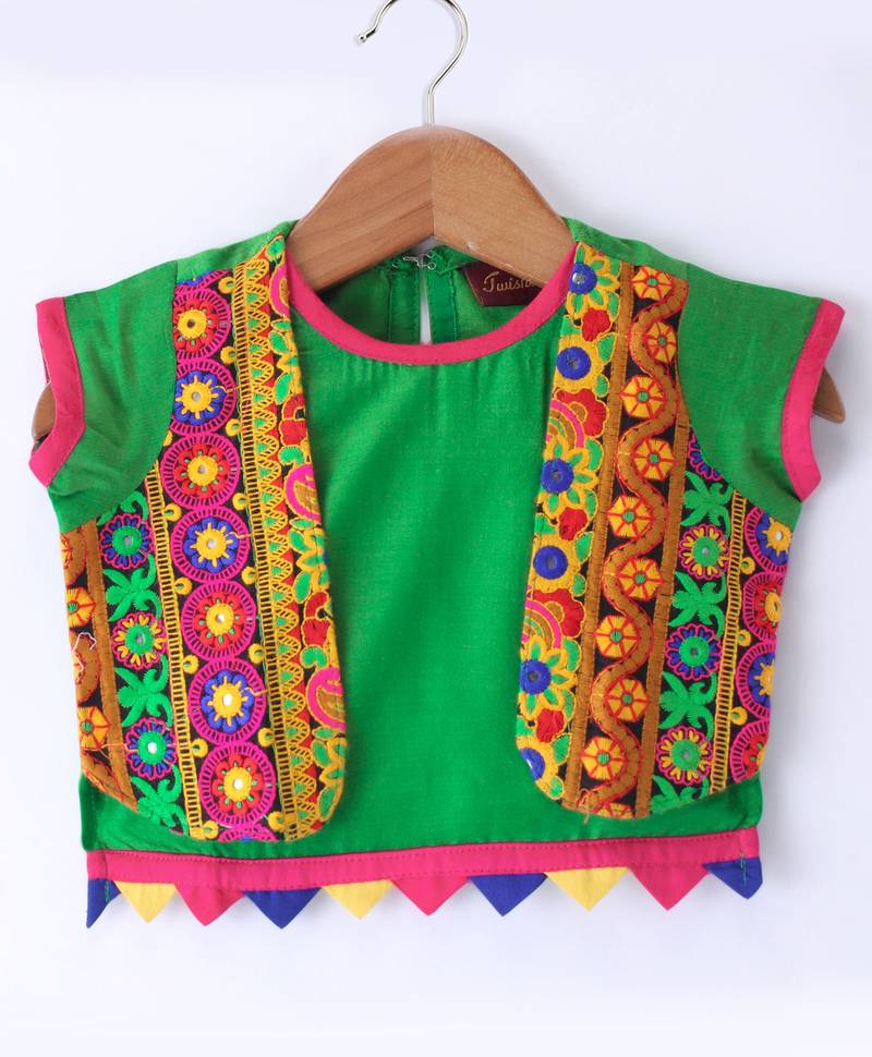 Twisha Girls Short Sleeves Top With Embroidered Mock Jacket With Motif Foil Printed Dhoti - Green & Pink