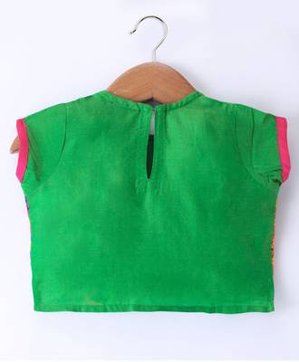 Twisha Girls Short Sleeves Top With Embroidered Mock Jacket With Motif Foil Printed Dhoti - Green & Pink 3