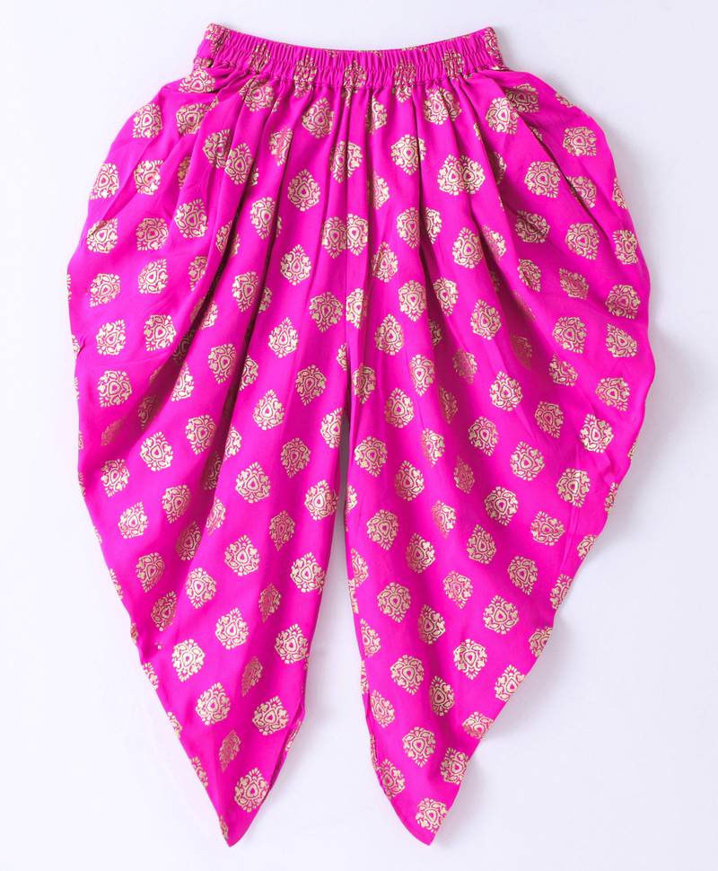 Twisha Girls Short Sleeves Top With Embroidered Mock Jacket With Motif Foil Printed Dhoti - Green & Pink