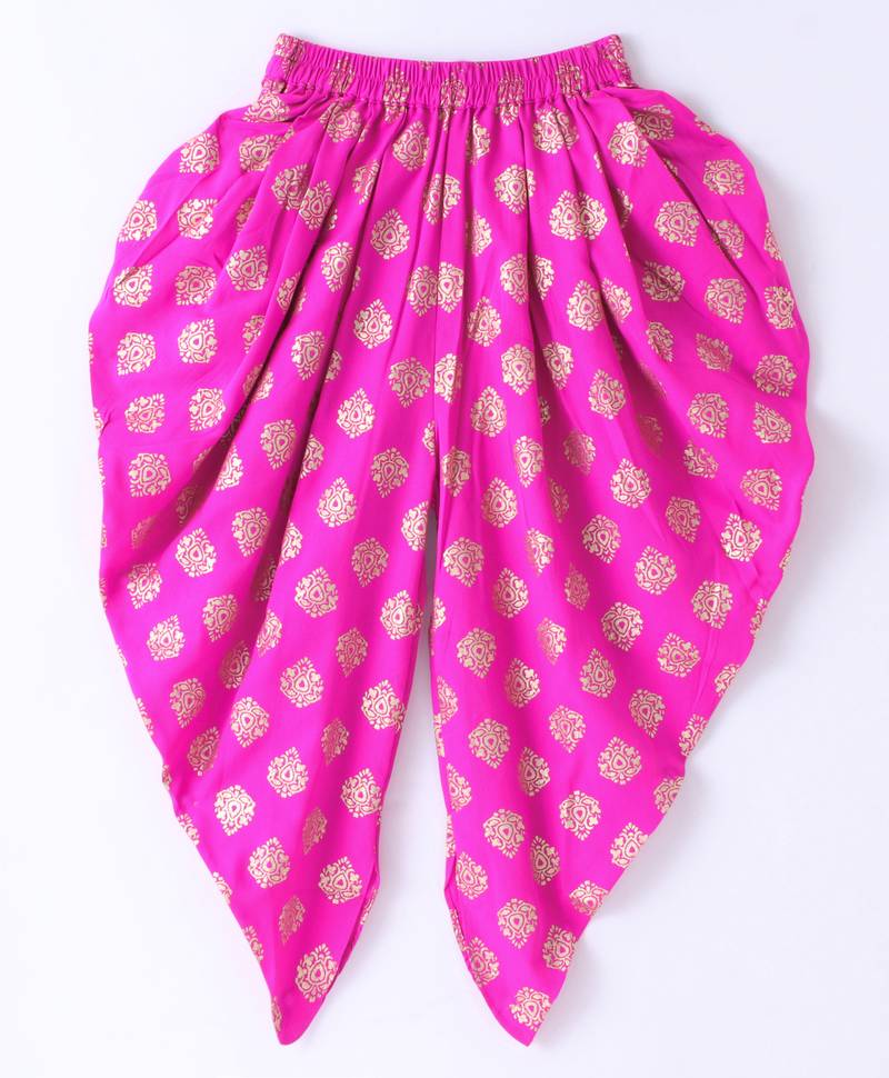 Twisha Girls Short Sleeves Top With Embroidered Mock Jacket With Motif Foil Printed Dhoti - Green & Pink