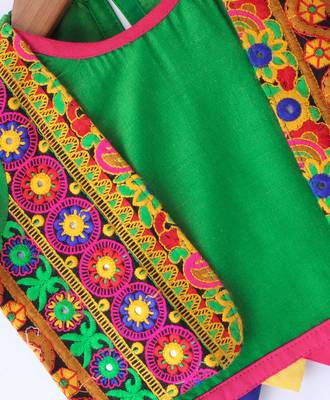 Twisha Girls Short Sleeves Top With Embroidered Mock Jacket With Motif Foil Printed Dhoti - Green & Pink 6