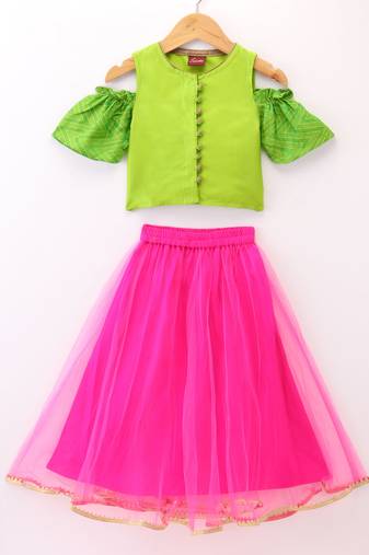 Twisha Girls Cold Shoulder Top & Net Ghagra - Green & Pink