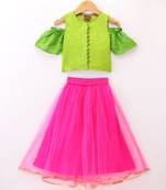 Twisha Girls Cold Shoulder Top & Net Ghagra - Green & Pink