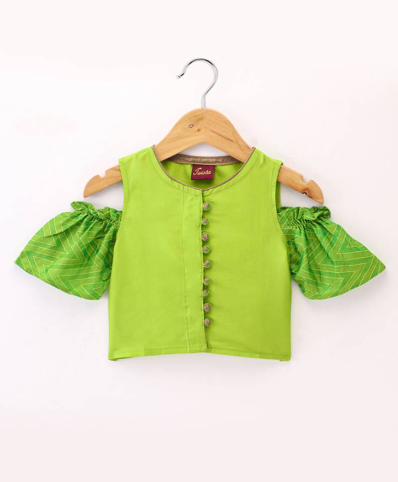 Twisha Girls Cold Shoulder Top & Net Ghagra - Green & Pink
