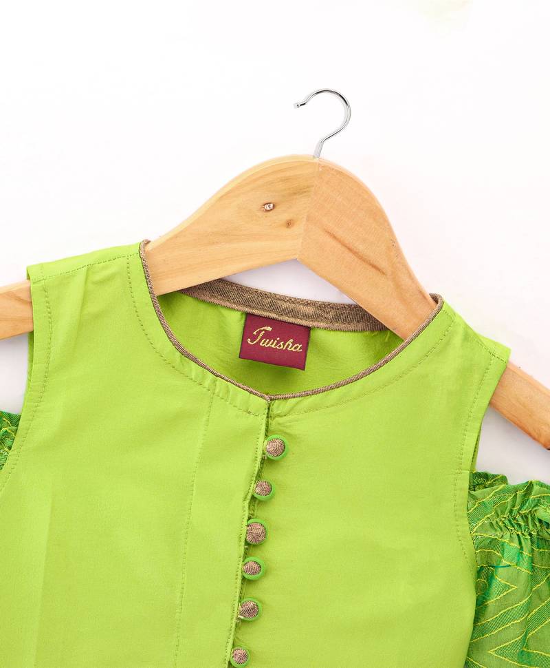 Twisha Girls Cold Shoulder Top & Net Ghagra - Green & Pink