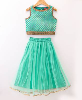 Twisha Girls brocade sleeveless Top & Net Ghagra - Sea Green 1