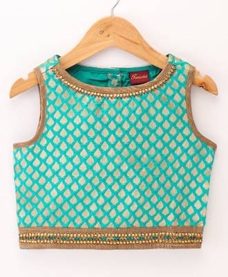 Twisha Girls brocade sleeveless Top & Net Ghagra - Sea Green 2