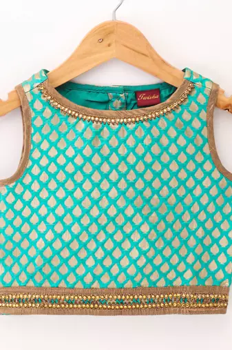 Twisha Girls brocade sleeveless Top & Net Ghagra - Sea Green