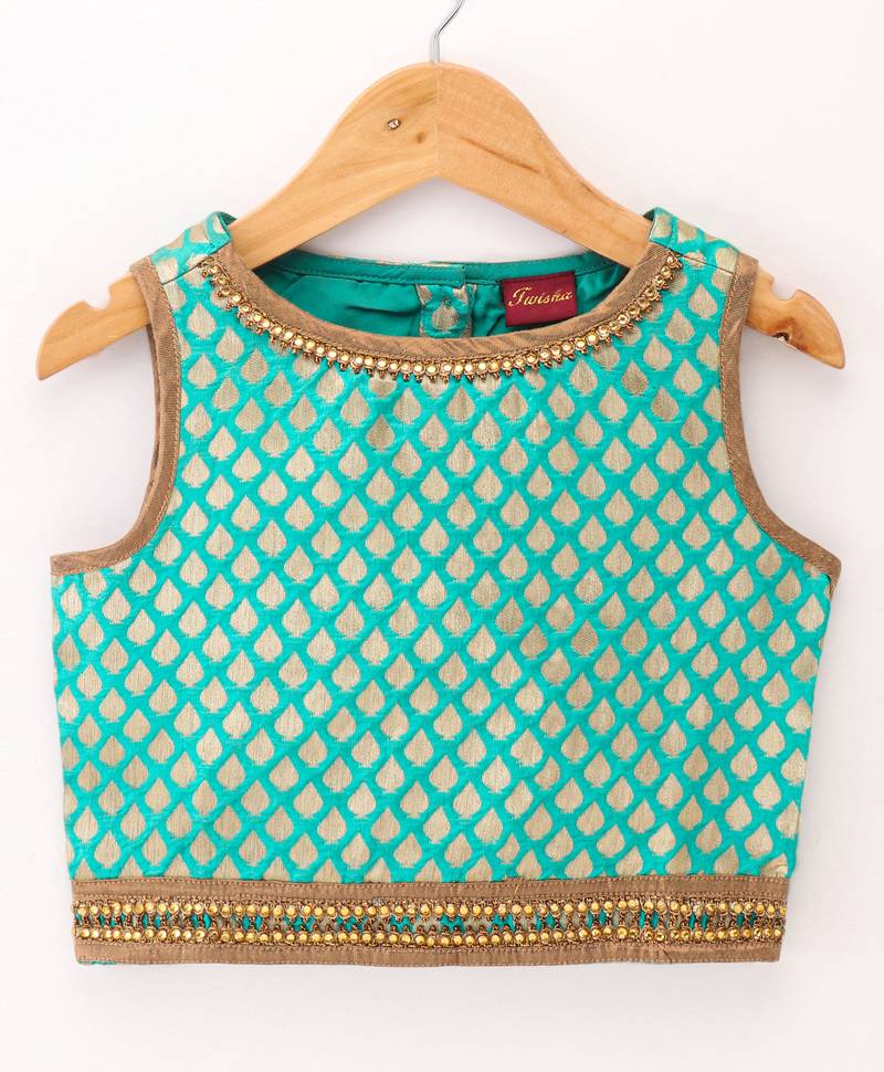 Twisha Girls brocade sleeveless Top & Net Ghagra - Sea Green