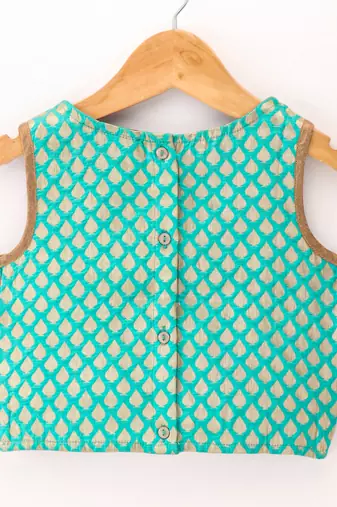 Twisha Girls brocade sleeveless Top & Net Ghagra - Sea Green