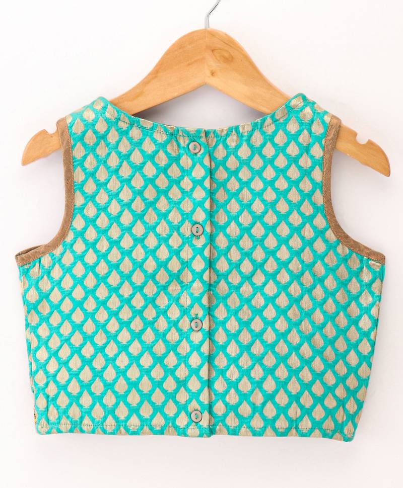 Twisha Girls brocade sleeveless Top & Net Ghagra - Sea Green