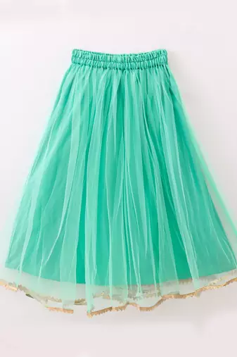 Twisha Girls brocade sleeveless Top & Net Ghagra - Sea Green