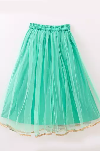 Twisha Girls brocade sleeveless Top & Net Ghagra - Sea Green