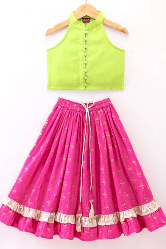 Twisha Girls Incut Style Top & Foil Printed Ghagra - Lime Green & Pink