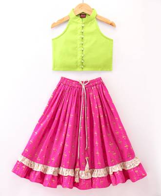 Twisha Girls Incut Style Top & Foil Printed Ghagra - Lime Green & Pink 1