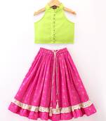 Twisha Girls Incut Style Top & Foil Printed Ghagra - Lime Green & Pink