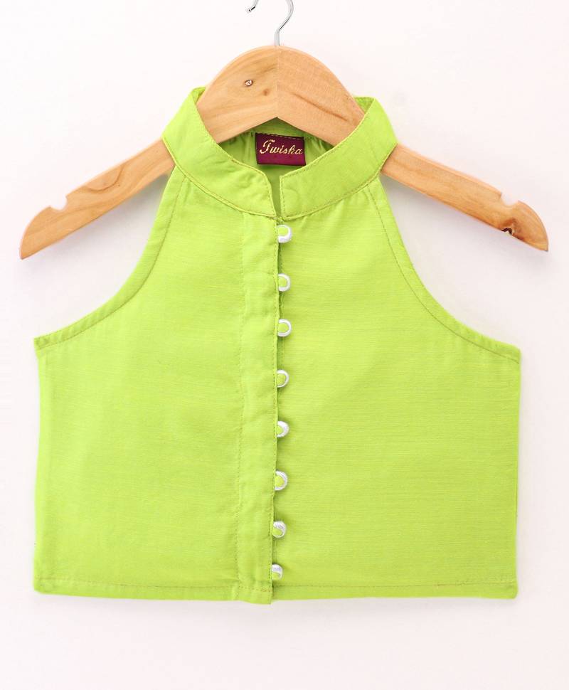 Twisha Girls Incut Style Top & Foil Printed Ghagra - Lime Green & Pink