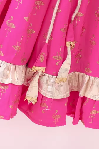 Twisha Girls Incut Style Top & Foil Printed Ghagra - Lime Green & Pink