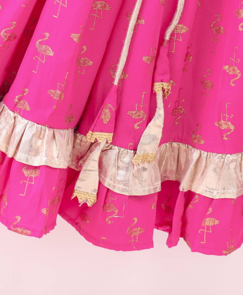 Twisha Girls Incut Style Top & Foil Printed Ghagra - Lime Green & Pink