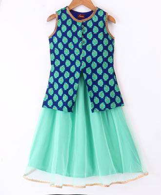 Twisha Girls Sleeveless Self Designed Top & Net Ghagra - Blue & Sea Green 1