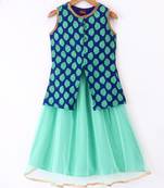 Twisha Girls Sleeveless Self Designed Top & Net Ghagra - Blue & Sea Green