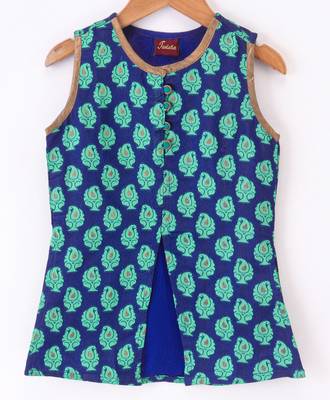 Twisha Girls Sleeveless Self Designed Top & Net Ghagra - Blue & Sea Green 2