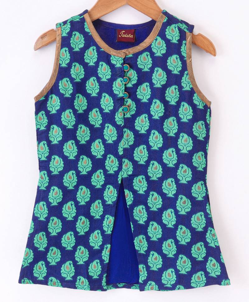 Twisha Girls Sleeveless Self Designed Top & Net Ghagra - Blue & Sea Green