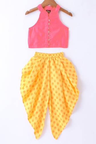 Twisha Girls Incut Style Top & Printed Dhoti - Pink & Yellow
