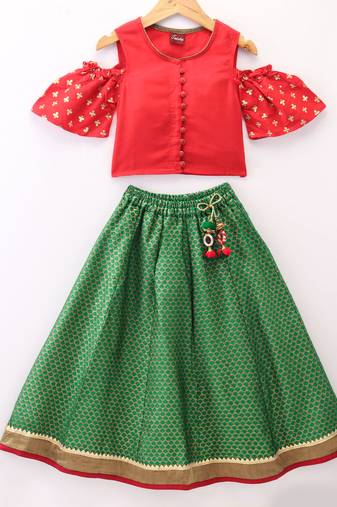 Twisha Girls Cold Shoulder Printed Top & Brocade Ghagra - Red & Green