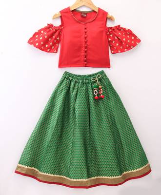 Twisha Girls Cold Shoulder Printed Top & Brocade Ghagra - Red & Green 1