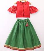 Twisha Girls Cold Shoulder Printed Top & Brocade Ghagra - Red & Green