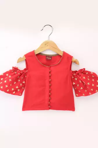Twisha Girls Cold Shoulder Printed Top & Brocade Ghagra - Red & Green