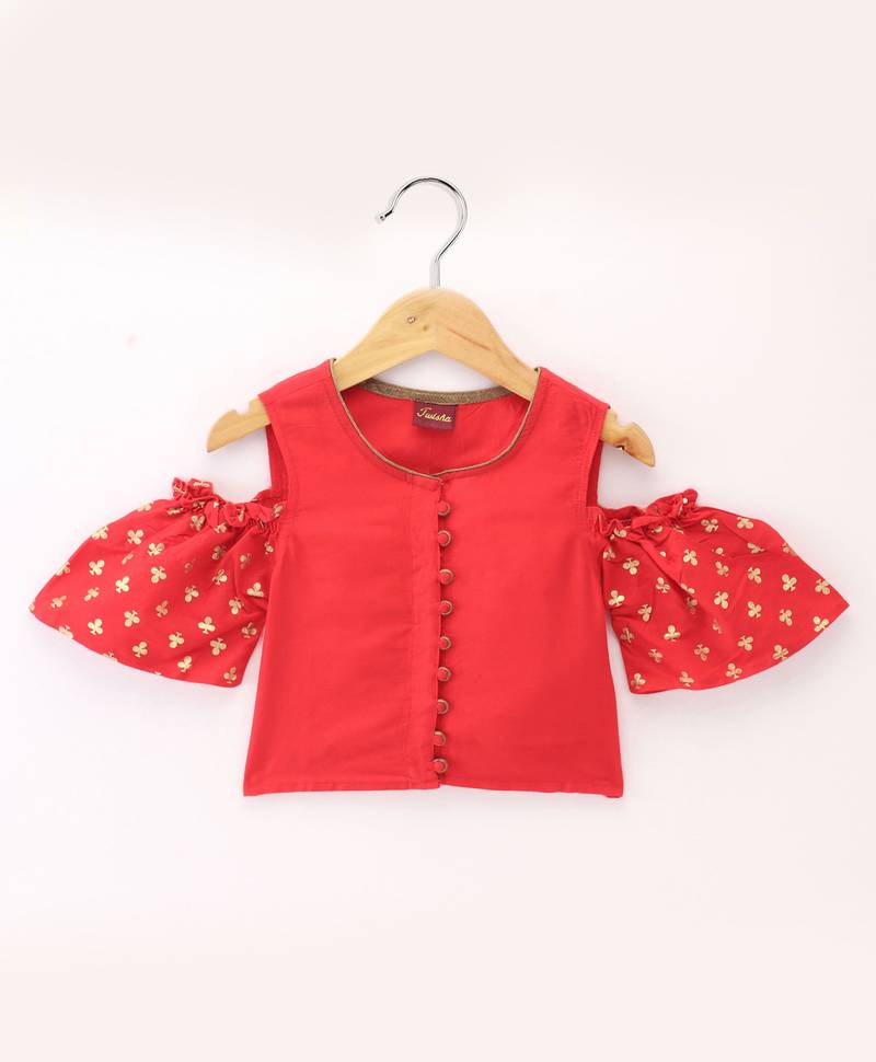 Twisha Girls Cold Shoulder Printed Top & Brocade Ghagra - Red & Green