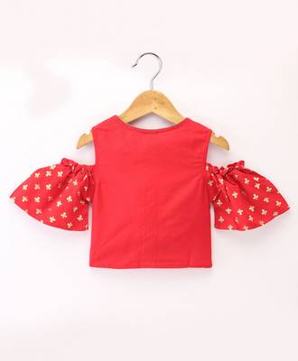 Twisha Girls Cold Shoulder Printed Top & Brocade Ghagra - Red & Green 3