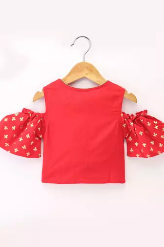 Twisha Girls Cold Shoulder Printed Top & Brocade Ghagra - Red & Green