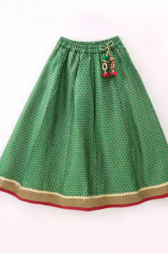 Twisha Girls Cold Shoulder Printed Top & Brocade Ghagra - Red & Green