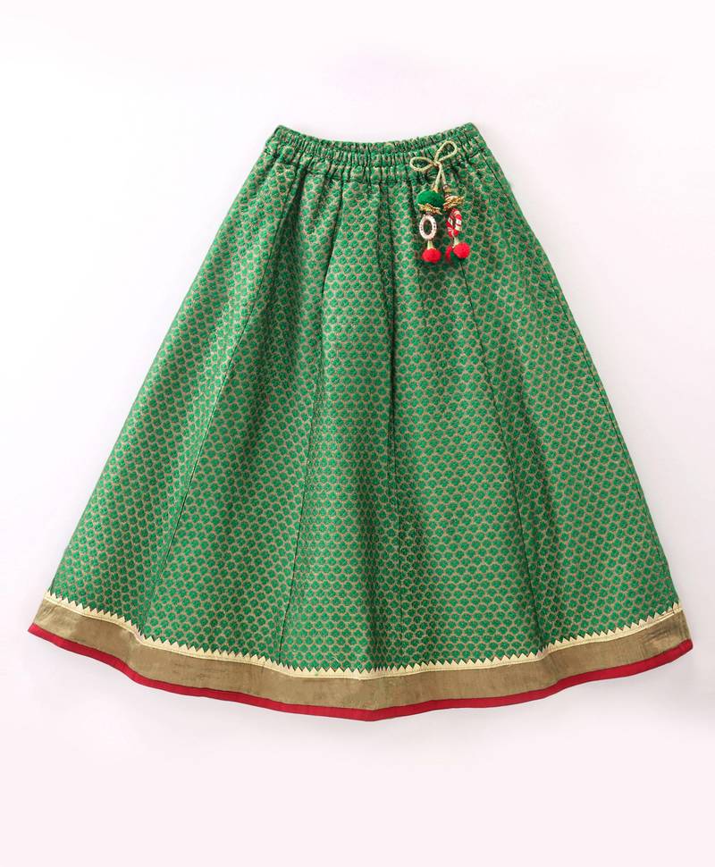 Twisha Girls Cold Shoulder Printed Top & Brocade Ghagra - Red & Green