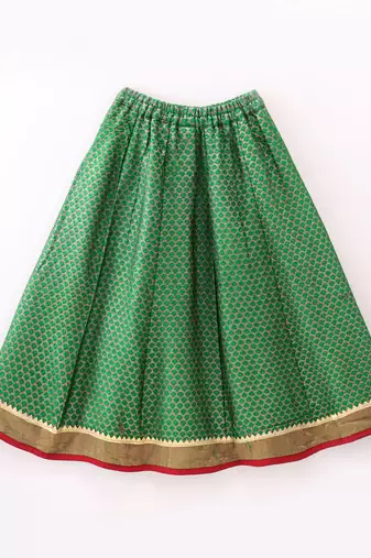 Twisha Girls Cold Shoulder Printed Top & Brocade Ghagra - Red & Green