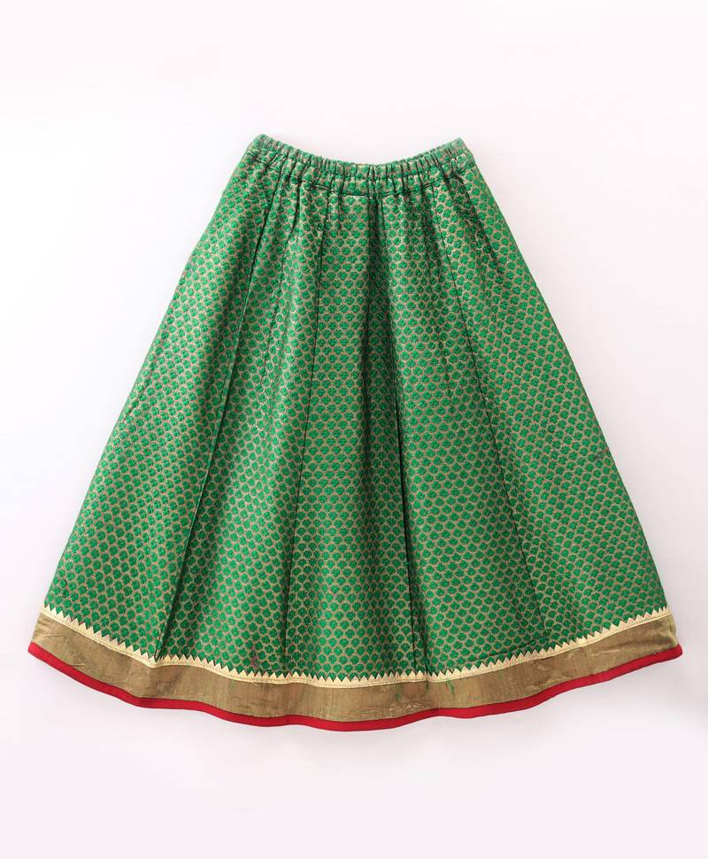 Twisha Girls Cold Shoulder Printed Top & Brocade Ghagra - Red & Green