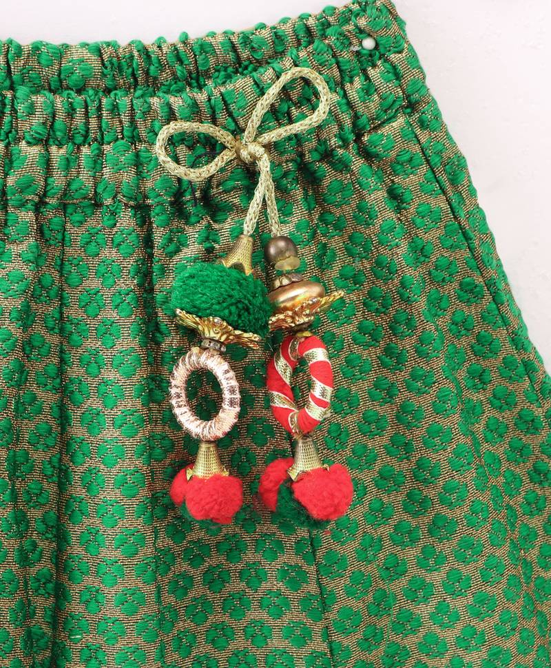 Twisha Girls Cold Shoulder Printed Top & Brocade Ghagra - Red & Green