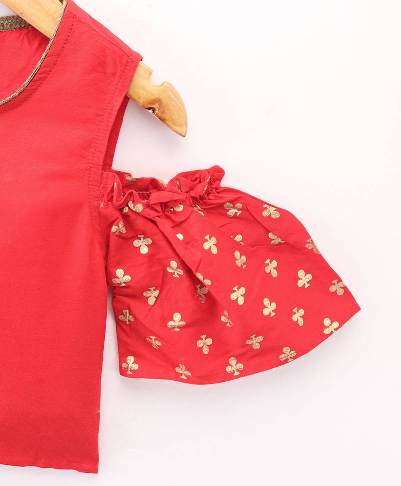 Twisha Girls Cold Shoulder Printed Top & Brocade Ghagra - Red & Green