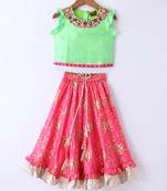 Twisha Girls Embroidered Top & Printed Ghagra - Green & Coral