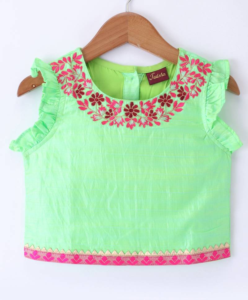Twisha Girls Embroidered Top & Printed Ghagra - Green & Coral