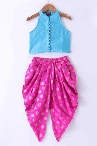 Twisha Girls Incut Style Top & Foil Printed Dhoti - Blue & Pink