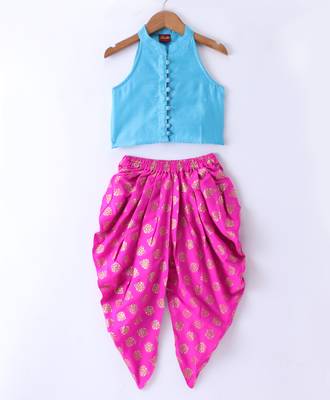 Twisha Girls Incut Style Top & Foil Printed Dhoti - Blue & Pink 1