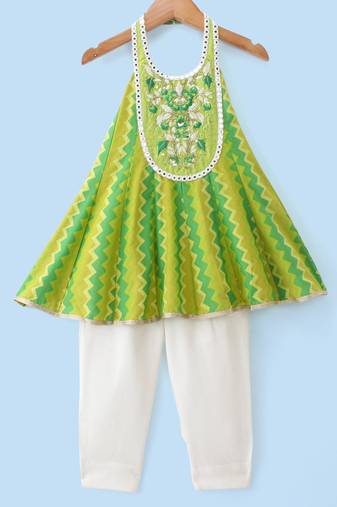 Twisha Girls Embellished Printed Halter Neck Top & Palazzo - Green & White