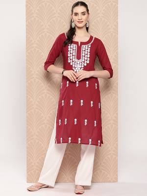  maroon chikankari straight kurta 1